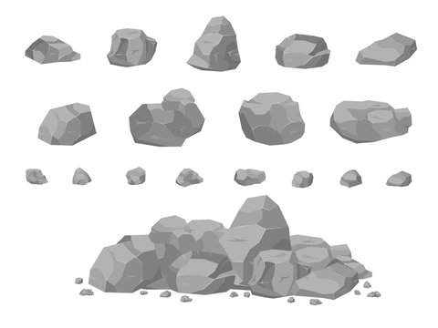 Set of stones in the style of 3D isomerism. Stones of different shapes for web design. Rock stone set cartoon. Stones and rocks