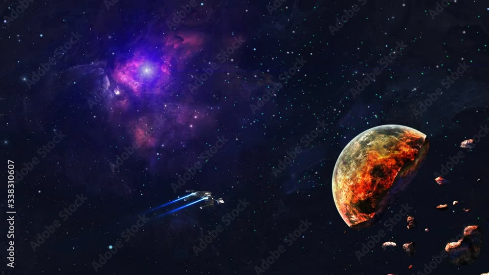 Wall mural space background. spaceship fly in colorful nebula with cracked planet. elements furnished by nasa. 