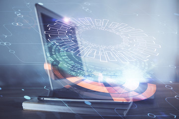 Double exposure of computer and technology theme drawing. Concept of innovation.