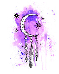 watercolor hand illustration in the boho style. moon, feathers, stars on a purple background