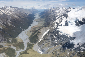 snow landslides of Selwyn glacier and Dobson river valley,  New Zealand