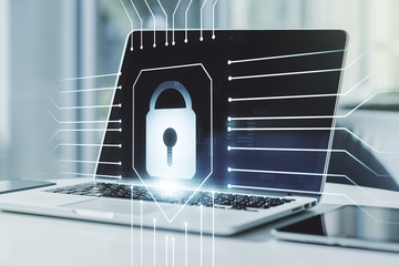 Creative lock sketch with chip hologram on modern laptop background, protection of personal data concept. Multiexposure