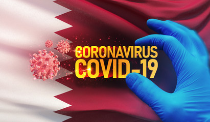 Coronavirus COVID-19 outbreak concept, health threatening virus, background waving national flag of Qatar. Pandemic stop Novel Coronavirus outbreak covid-19 3D illustration.