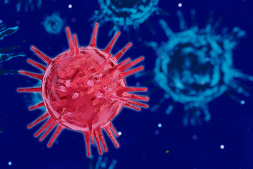 RED coronavirus COVID-19 under the microscope isolated on blue virus  background , 3d illustration .clipping path.