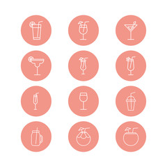Set of 12 pink icons with drink glasses