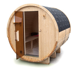 Outdoor Barrel sauna made of spruce wood. Isolated on white background. Exterior barrel sauna....
