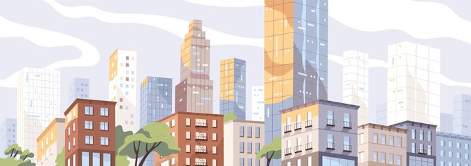 Modern city center with scyscrappers and residential houses. Colorful panoramic downtown view. Megalopolis cityscape. Metropolis skyline. Urban scenery. Vector illustration in flat style © Good Studio