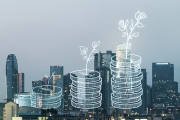Virtual money savings sketch on Los Angeles office buildings background, accumulation and growth of money concept. Double exposure