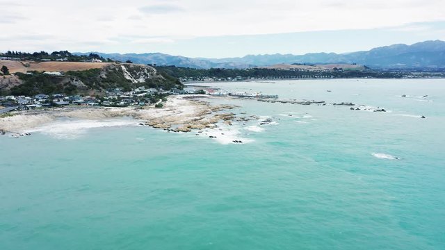Aerial view Kaikōura, a town on the east coast of the South Island of New Zealand.