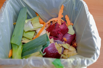 Close up of vegetable peelings in biodegradable bag in a composting bin
