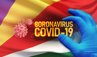 Coronavirus COVID-19 outbreak concept, health threatening virus, background waving national flag of Seychelles. Pandemic stop Novel Coronavirus outbreak covid-19 3D illustration.