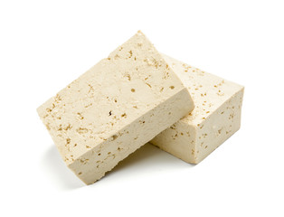 Tasty tofu cheese on white background