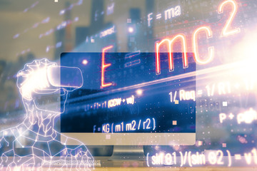 Desktop computer background and formula hologram writing. Double exposure. Education concept.