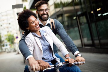 Happy young couple with bicycle. Love, relationship, people, freedom concept.