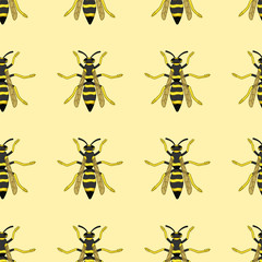 Top view wasps seamless pattern on yellow background