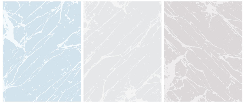 Set of 3 Delicate Abstract Marble Vector Layouts. Off-White Irregular Lines on a Blue and Gray Background. 2 Different Shades of Gray. Soft Marble Stone Style Art. Pastel Color Blank Set.