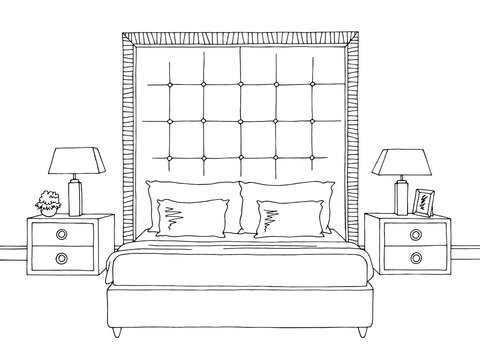 recommend clip art: Bedroom graphic black white home interior front view sketch illustration vector