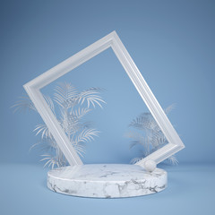 Pedestal White Marble Stand With Frame And Tropical on Blue Background 3d render