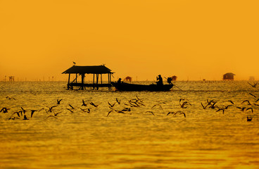 Fototapeta na wymiar Silhouette of fisherman boat with hut at sea with flying seagull in scenery golden sky hour, seascape at sunrise period sunlight with of at Bangtabun bay, Petchburi, Thailand.