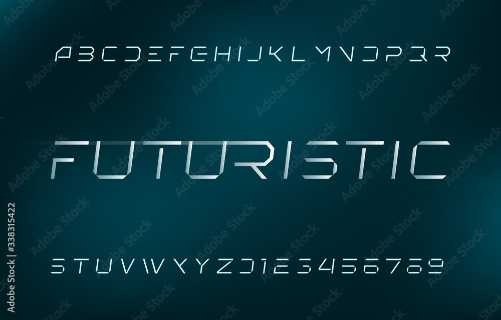 Poster futuristic alphabet font. thin line letters and numbers in minimal style. stock vector illustration 