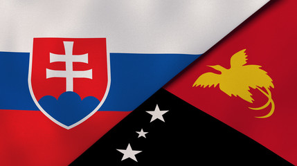 The flags of Slovakia and Papua New Guinea. News, reportage, business background. 3d illustration