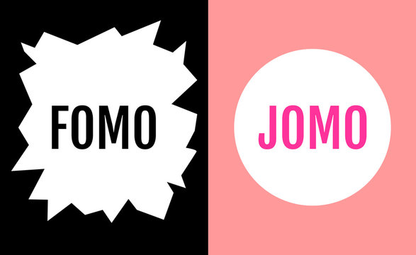 Two images showing the difference between FOMO and JOMO. JOMO means Joy Of Missing Out. FOMO means Fear Of Missing Out. Mental health concept due to oversupply of information. Digital detox