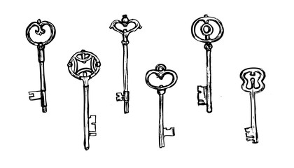 set of black hand-drawn keys isolated on a white background.