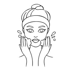 Girl cares about her face. Young woman cleans her skin. Hand drawn illustration. Vector illustration