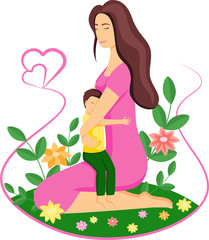 A woman hugs a child. The mother hugs her son. There are flowers and hearts around. Mother's Day