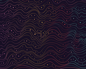 Wave lines pattern. White wavy lines on black background with decorative confetti dot spots. Abstract vector texture for graphic design