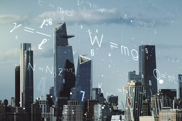 Scientific formula illustration on New York cityscape background, science and research concept....