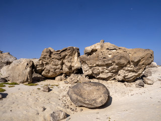 Bizarre boulder formation in Rok Garden reserve in the desert, Oman