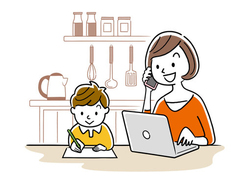 Illustration material: Young woman using a computer beside a child