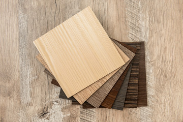 Sampler furniture material dor design or decoration interior. Wood color catalog as texture or pattern. Floor plank for industry.
