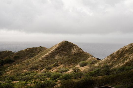 Moody Mountain Views From The Top Of The Diamond Head Crater Hike On An Overcast, Cloudy Day.