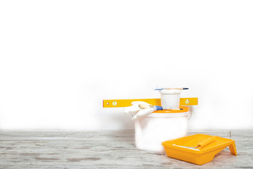 Accessories for repair. Paint, brushes, rollers, gloves. Repairs.