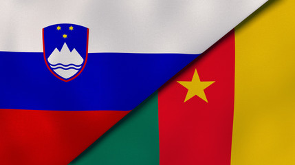The flags of Slovenia and Cameroon. News, reportage, business background. 3d illustration