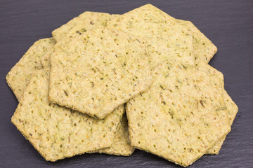heap of crunchy oatmeal cracker with chives