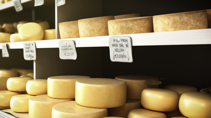 cheese on shelves in a supermarket 3d render image