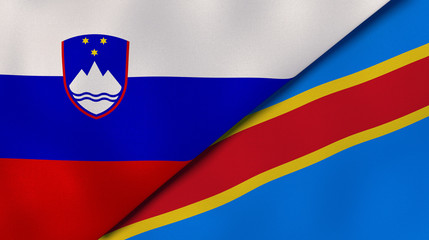 The flags of Slovenia and DR Congo. News, reportage, business background. 3d illustration - obrazy, fototapety, plakaty