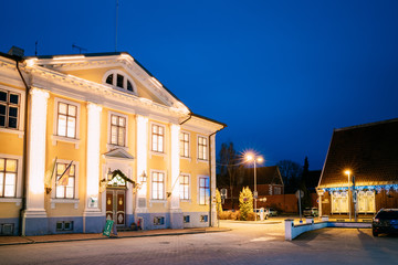 Fototapeta na wymiar Parnu, Estonia. Night View Of Parnu Visitor Center In Evening Night Illuminations