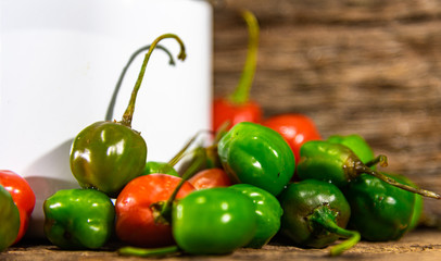 Goat pepper (Capsicum chinense) in white metal mug on wooden surface