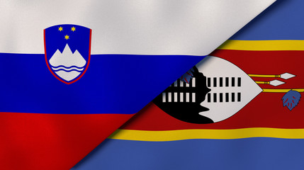 The flags of Slovenia and Eswatini. News, reportage, business background. 3d illustration