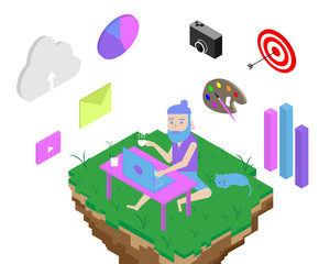 Hipster Freelancer is Remote Working ,Flatten the Curve Isometric Vector Illustration