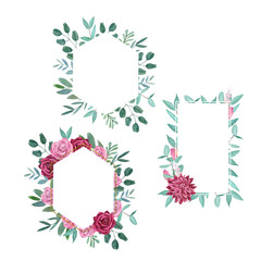 Set of frames with eucalyptus leaves and roses on a white background for design and production, in printing.