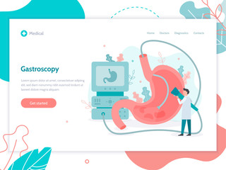 Performing a gastroscopy procedure. Web banner design template. Stomach health medical concept. Flat vector illustration.