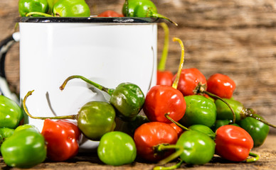 Goat pepper (Capsicum chinense) in white metal mug on wooden surface