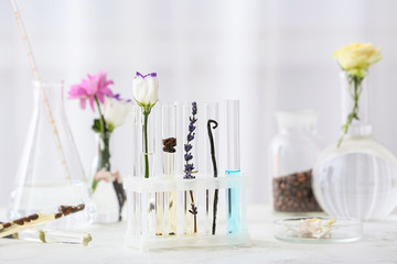Samples of perfume on table