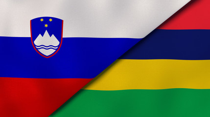 The flags of Slovenia and Mauritius. News, reportage, business background. 3d illustration