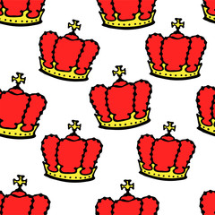 Doodle crowns seamless pattern. Hand drawn luxury background. Cute baby, little princess or royal design for childrens room, posters, celebration. Vector illustration.